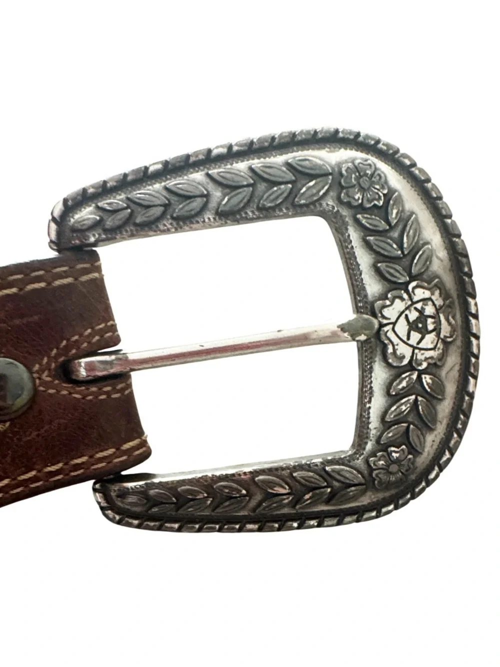 ARIAT Brown Leather Belt, dark Silver floral buckle, tan stitching Size 36